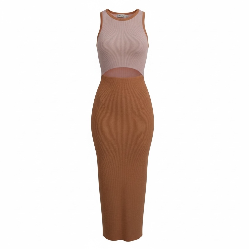 Petal & Pup Two-Tone Ribbed Cutout Maxi Dress - Pink & Brown